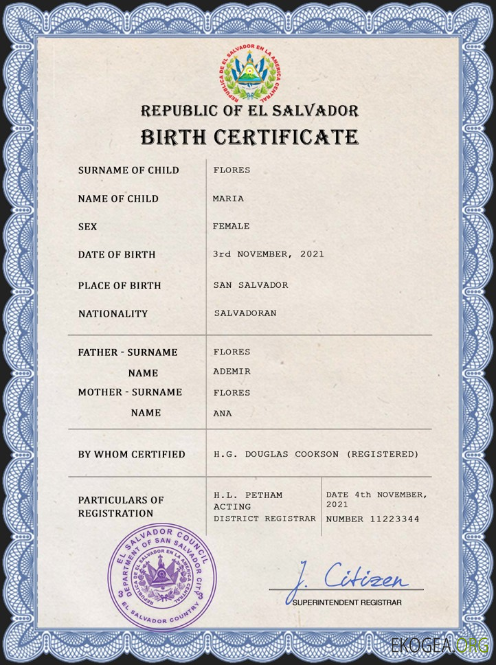 Modèle PSD de certificat de naissance de l'état civil du Salvador